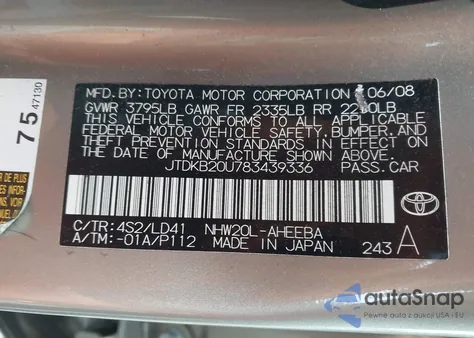 2008 Toyota Prius from USA, damaged, VIN JTDKB20U783439336